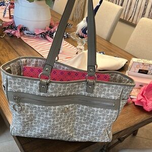 Coach Gray Signature Tote with Pink Interior